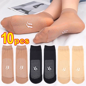 10Pcs Lete Priedušné Ponožky Ženy Ultra-tenké Transparentné Krátke Ponožky Mäkkého Zamatu Crystal Hodváb Ponožky Dámy Non-Slip Členok Ponožka