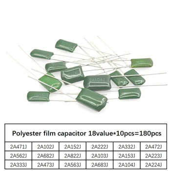180pcs=18value*10pcs Polyester film kondenzátor Najrôznejších Súprava obsahuje 2A104J 2A332J 2A472J 2A103J 2A333J 2A473J 2A563J 2A223J