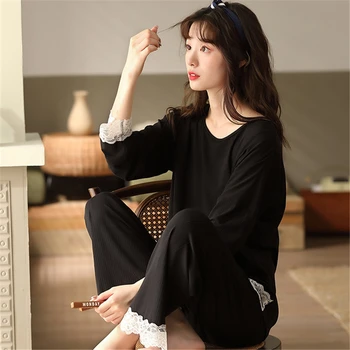 2020 jeseň nové modálne pyžamo ženy okolo krku kórejský štýl jednoduché módnych domov služby vyhovovali voľné sexy čipka okraji sleepwear