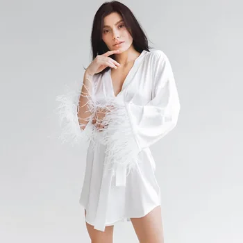 2023 Dlhý Rukáv Voľné Župan pre Ženy Pierko Župany Satin Sexy Mini Šaty Biele Sleepwear Black tvaru Župan s Pásom