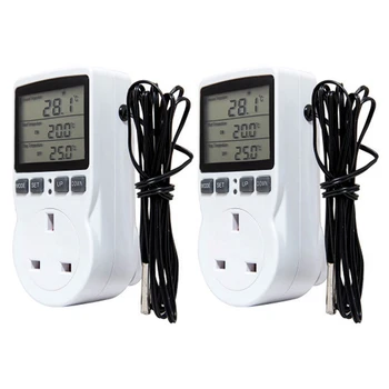 2X Digitálny Regulátor Teploty Termostat Zásuvky, Zástrčky Vykurovanie Chladenie Časovač Pre Homebrew Skleníkových UK Plug