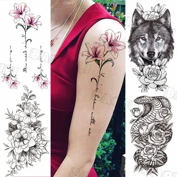 Abeceda Dočasné Tetovanie Pre Ženy, Dospelých Ruže, Pivónia Had, Vlk Falošné Tetovanie Nálepky Sexy Polovičný Rukáv Tetovanie Cituje List