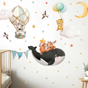 Akvarel Veľryba Tiger Zebra Balón Moon Star Nálepky Na Stenu Detské Škôlky, Detská Izba Safari Zvierat Stenu Odtlačkový Spálňa Domova