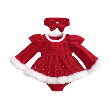 Baby Dievčatá 2 Kus Oblečenia Vianočné Sequin Star Dlhé Rukávy Romper Šaty Cute hlavový most pre Batoľa Detská Jeseň