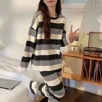 Bavlna dámske pyžamo dlhé rukávy, módne kórejská verzia, voľné a nadrozmerné, môžu byť nosené ako externý domáce oblečenie set