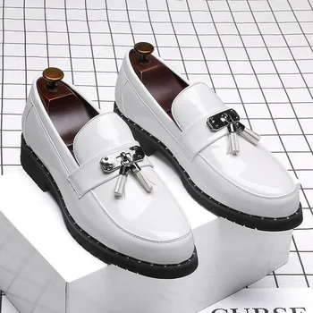 Biele Šaty Topánky Mens Módne Patent Kožené Topánky pre Mužov Strapec Čierne Mokasíny Pánske Topánky Luxusné Kancelárske Chaussure Homme
