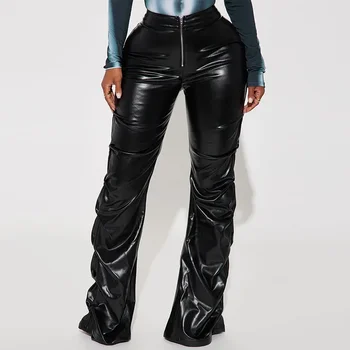 Black PU Koža Ženy Skladaný Nohavice Zip-Hore, Vysoký Pás Slim Skladaný Tesný Rovné Nohavice Príležitostné celý Zápas Dna Streetwear
