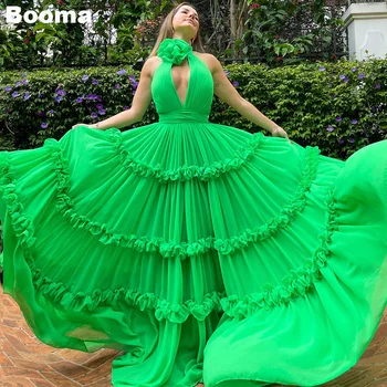Booma Zelená Chiffion A-Line Prom Šaty, plavky s uväzovaním za 3D Kvety Ruched Večerné Šaty pre Ženy bez Rukávov Dlho Formálnej Strany Plášte