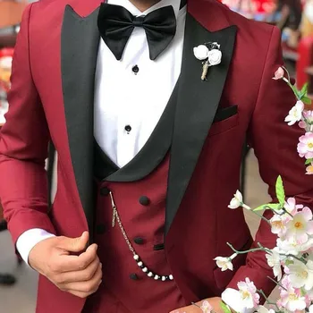 Burgundsko Svadobný Oblek pre Mužov 2023 Slim Fit 3 Kusy Ženícha Tuxedos Najlepší Muž Formálne Svadobné Obleky na Mieru Kostým Homme