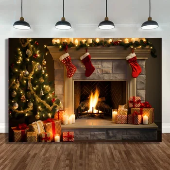 Christmas Fireplace Fotografie Pozadie Vianočný Strom Okno Ponožky Darček Vintage Klenuté Tehlové Zimné Rodinné Strany Steny Výzdoba Foto