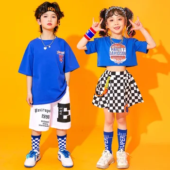 Deti Výkonu Hip Hop Oblečenie Print T Shirt Kockované Sukni Bežné Šortky Dievčatá Jazz Ukazuje Tanečných Kostýmov, Teenage Fáze Oblečenie