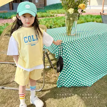 Dievča 2023 Nové Letné Bežné T-shirt Vyhovuje kórejský Štýl, Dieťa, Mládež, Dospievajúcich Dievčat, Krátky Rukáv Kontrast Farieb 2 ks Oblečenia Sady