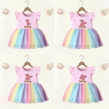 Dieťa Dievča Oblečenie Vek 1 2 3 4 Rokov Narodeniny Dieťa Šaty Šišku Princezná Ružová Vestidos Batoľa Dievčatá Rainbow Oka Party Šaty