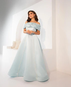 Druhý Breh Baby Blue Večerné Šaty Perly Podlahy-Dĺžka Mimo Ramenný Formálne Príležitosti Elegantné Šaty Vestidos De Fiesta 2023
