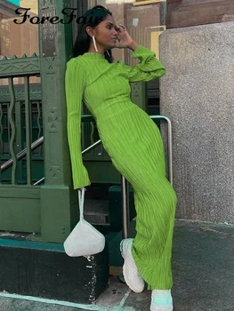 Forefair Y2K Príležitostné O-krku, Pevné Vysoký Pás Bodycone Módne Ženy Dlhý Rukáv Chudá Midi Zelená Základné Streetwear Oblečenie Oblečenie