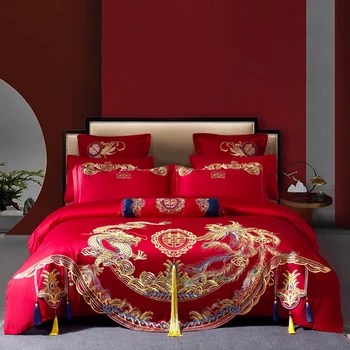 Golden Dragon Phoenix Výšivky Perinu Nastaviť Luxusné Červené Posteľná Bielizeň Z Egyptskej Bavlny Čínske Svadobné Obliečky Obliečky Na Vankúše List