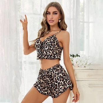 Ice Hodváb Pyžamo Ženský Leopard Tlač Podväzkové Šortky Split Telo Pyžamo Priedušná Žien Simulované Hodváb Domáce Oblečenie