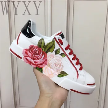 Jeseň Nové Kolo Prst Žien Bytov Bežné Malé Biele Topánky Ruže, Kvety Tlače Originálne Kožené šnurovacie Bežné Tenisky Pre Ženy