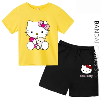 Kawaii Hello Kitty Tričko Nastaviť Cartoon Krátky rukáv Chlapci Dievčatá Harajuku T-Shirt Deti Tshirt Vtipné Ženy Topy Deti Oblečenie