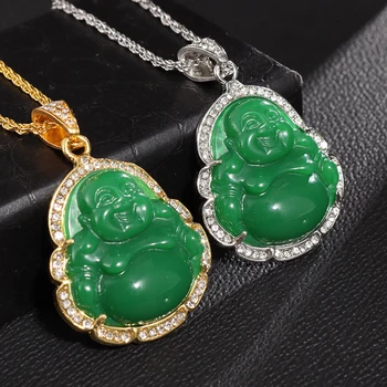 Klasické Módne Čínsky Štýl Maitreya Budha Zelený Náhrdelník Prívesok pre zbožných Mužov a Žien, Amulet Šperky Darček