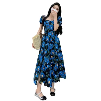 Kórejský Letné Dlhé Šaty Elegantné Blue Print Štrbinou Šaty pre Ženy 2023 Bežné Lístkového Rukávy Vestidos High Street Fashion Šaty