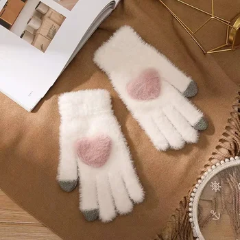 Kórejský módne rukavice žena zimné roztomilý kreslený láska plus velvet teplé študent iny jednoduché päť prstov, dotykového displeja rukavice