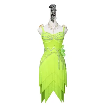 Latinské Tanečné Šaty Latinskej Sukne Súťaže Kostýmy Vykonanie Šaty Iskrivý Kamienkami Prispôsobiť Deti Žiarivkové Svetlo Zelená