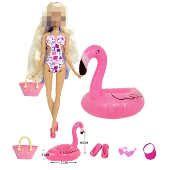 Letné Ružové 5 položiek set =3 Plavky+1 Papuče+1 Taška +1 Okuliare+1 Plávanie Krúžok +1 Klobúk Príslušenstvo, Oblečenie Pre Barbie Hra, Darček