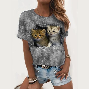 Letné Tričká Animal Roztomilé Mačky 3D Tlač Streetwear dámske Ležérne Módne Nadrozmerné T Shirt Y2K Žena Dievča Topy Tees Oblečenie