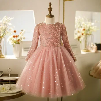 Luxusné Ružová Sequined Šaty pre Mladé Dievčatá, Baby, Kvetinové Svadobné Brithday Šaty Dievčatá Tylu Deti Formálne Oblečenie Partywears