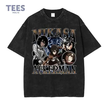 Mikasa Ackermana T Shirt Vintage Umyté Anime Útok Na Titan T-shirts Eren Jaeger Streetwear Manga Titan Útok Topy Tees Muž