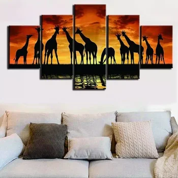 Moderný Štýl Krásny Západ Slnka Siluety Z Žirafy Plátno Maľovaní Plagátov A Potlačou Obrazov Na Stenu Pre Obývacia Izba Dekor