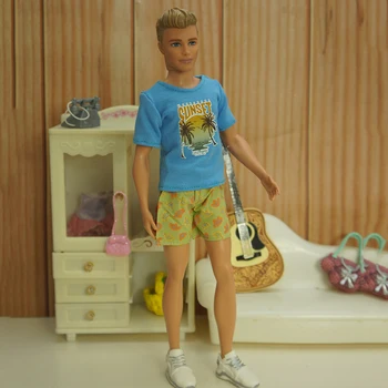 Modrá 1/6 Bábiky Oblečenie, Nastavený Pre Ken Chlapec Doll Oblečenie západ Slnka Kokosového Stromu T-shirt Šortky Pre Barbie Priateľ Ken Príslušenstvo