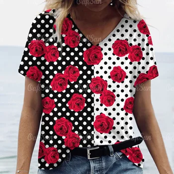 Mozaika Rose Tlač dámske Tričko V-Neck Krátke Rukávy T-Shirt 2024 Nové Dámske Oblečenie Letné Tričko pre Ženy Topy Bežné