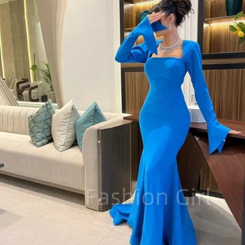 Móda Elegantná Modrá Morská Víla Backless Prom Šaty Dlhé Rukávy Členok Dĺžka Večer Arabskom Dubaji Party Šaty Pre Ženy, Vlastné