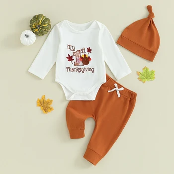 Môj Prvý deň Vďakyvzdania Oblečenie Novorodenca chlapec Dlhý Rukáv Turecko Romper Nohavice, Klobúk Nastaviť Jeseň Oblečenie