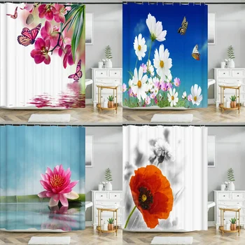 Nepremokavé Sprchový Záves s 12 Háčiky Krásne Farebné Prírodných kvetov Vytlačené Kúpeľňa Opony Polyester Domova Záclony