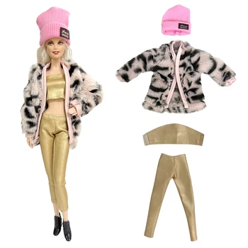 NK 1 Sada 1/6 bábika dievča model šaty farby: Ružová Pletený Hat + Kabát + TOP + Zlaté nohavice Pre Bábiku Barbie Oblečenie, Hračky Príslušenstvo