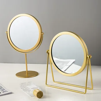 Nordic Mosadz Zlato Kov Make-Up Zrkadlo Luxusné Retro Toaletný Zrkadlo Ploche Spálňa Námestie Okrúhle Zrkadlo Ubytovni Make-Up Zrkadlo