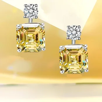 Nové Yellow Diamond Námestie Ascot925 Šterlingov Strieborné Náušnice Set s Vysokým počtom atómov Uhlíka Diamant Svetlo Luxusné Zapojenie Darček Šperky