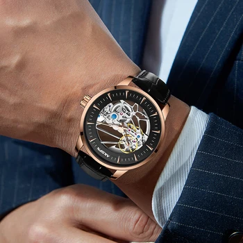 Nový Luxusný trend muži mechanické hodinky pohybu pásu mechanické hodinky pánske nepremokavé duté hodinky pre mužov Sport Mužské Hodinky