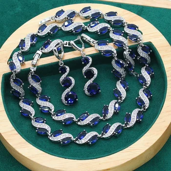 Náhrdelník Striebro 925 Svadobné Šperky Sady pre Ženy Prekrásny Náramok Dovolenku Dar Kráľovskej Modrej Zirkón Dlhé Náušnice