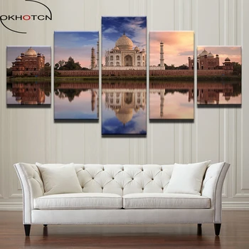 OKHOTCN Moderného Umenia Obrázky 5 Panel Taj Mahal Jazero Odraz Na Obývacia Izba Dekoratívne HD Plagát Plátno na Maľovanie Drop Shipping