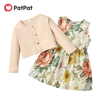 PatPat 2-dielna Batoľa Dievča Kvetinový Tlač bez Rukávov Šaty a Tlačidlo Dizajn Long-sleeve Cardigan Nastaviť