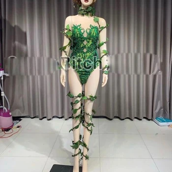Prispôsobený Zelenej Džungle strany kostým ženy fáze show jumpsuit tanečné tím kombinézu sexy dievča oblečenie