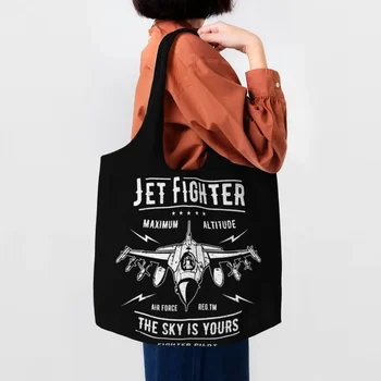 Recyklácia Jet Fighter Nákupní Taška Ženy Ramenný Plátno Tote Bag Umývateľný Pilot Leteckej Lietadlo Lietadlo Potraviny Shopper Tašky