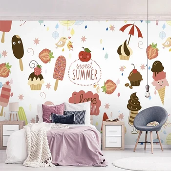 Ručne Maľované Cartoon Fruite zmrzlinu Kužeľ Tapety pre Deti Izba Dezert Obchod, Reštaurácia Pozadí Steny Dekor Vlastné 3D nástenná maľba