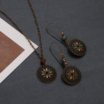 Vintage Indické Šperky Farebné Smalt Náušnice, Náhrdelník Set pre Ženy, Etnické Korálky Boho Kvet Visieť Šperky