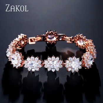 ZAKOL Luxusný 3 Farby Oválne Zirconia Crystal Reťaz Prepojenie Náramky Náramok pre Ženy Móda Kvetinové Svadobné Šperky FSBP1013