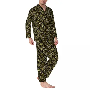 Zlato Barokový Kvetinový Pajama Nastaviť Jar Geometrické Pohodlné Spálne Sleepwear Mužov, 2 Ks Príležitostné Voľné Objemný Odev